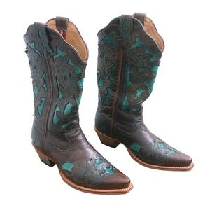 Twisted X Western Leather Boots Womens 7.5B Brown Turquoise Floral Snip Toe